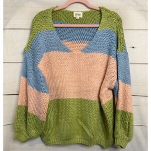 BiBi Women Colorblock Chunky Knit V-Neck Oversized Sweater Green Blue Peach